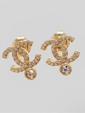 CHANEL Gold Crystal CC Drop Stud Earrings